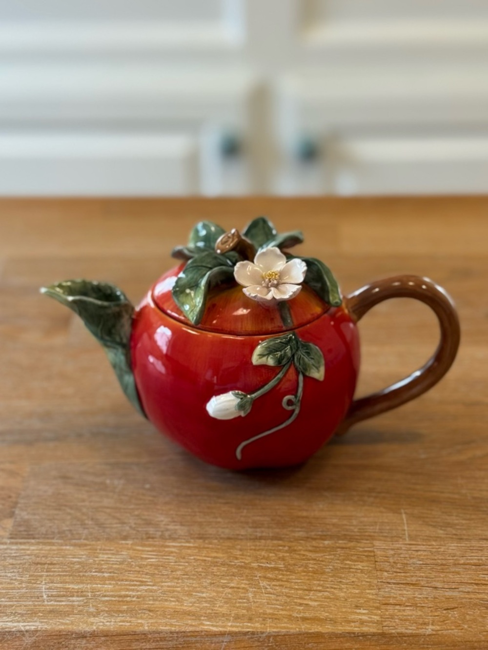 Ceramic Apple Teapot | 3D Floral Relief | Red Green | Cottage Core | As-Is